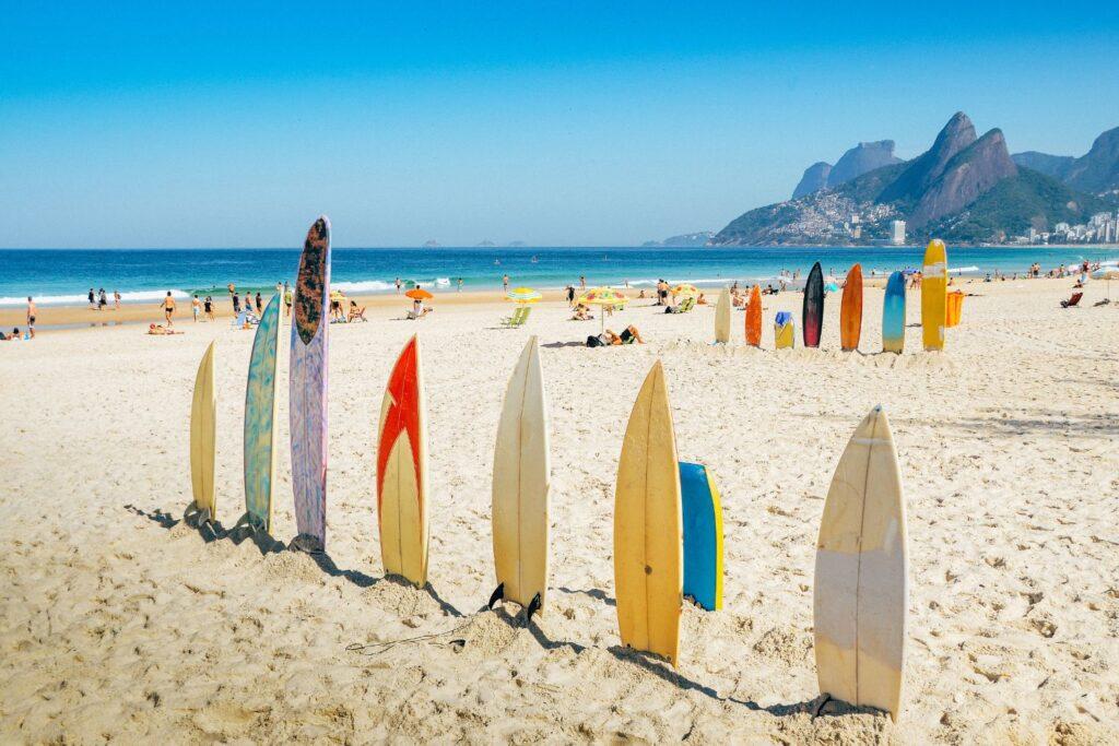 surf boards on beach in rio de janeiro