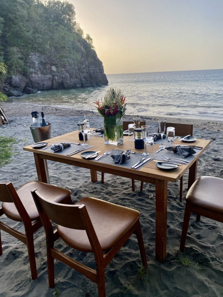 beach dining at secret bay in dominica